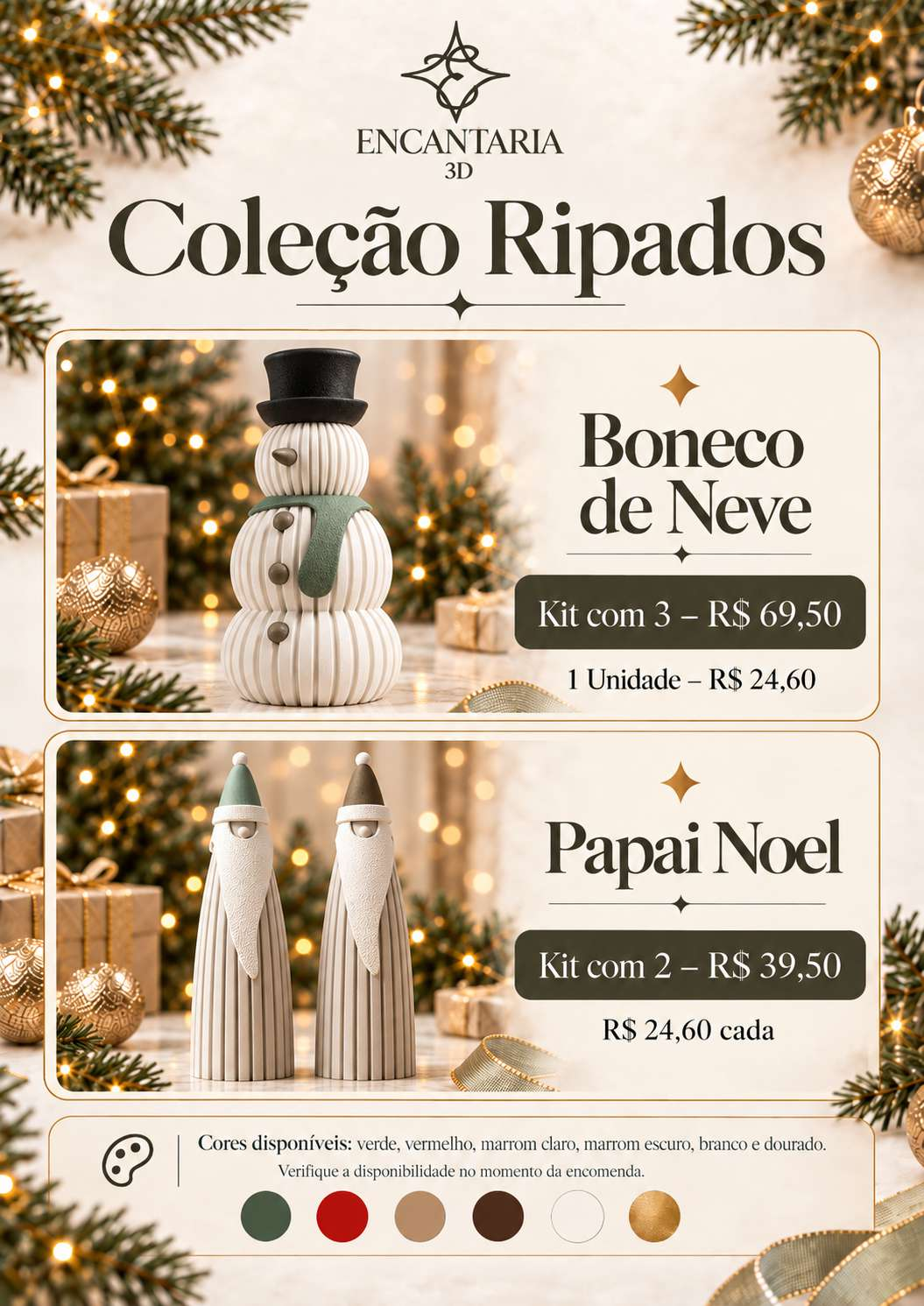 Página 4 do catálogo original Encantaria 3D: Coleção Ripados — bonecos de neve e Papai Noel