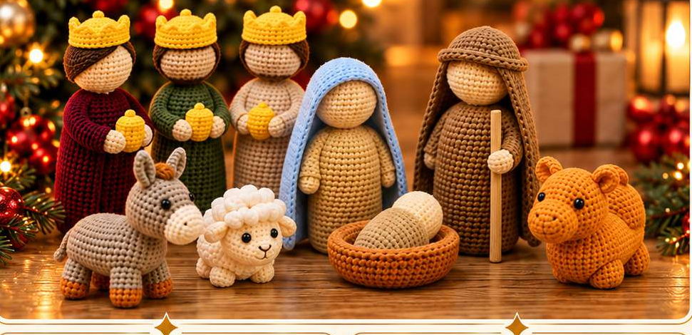 Presépio de Natal crochê 3D — sem bandeja